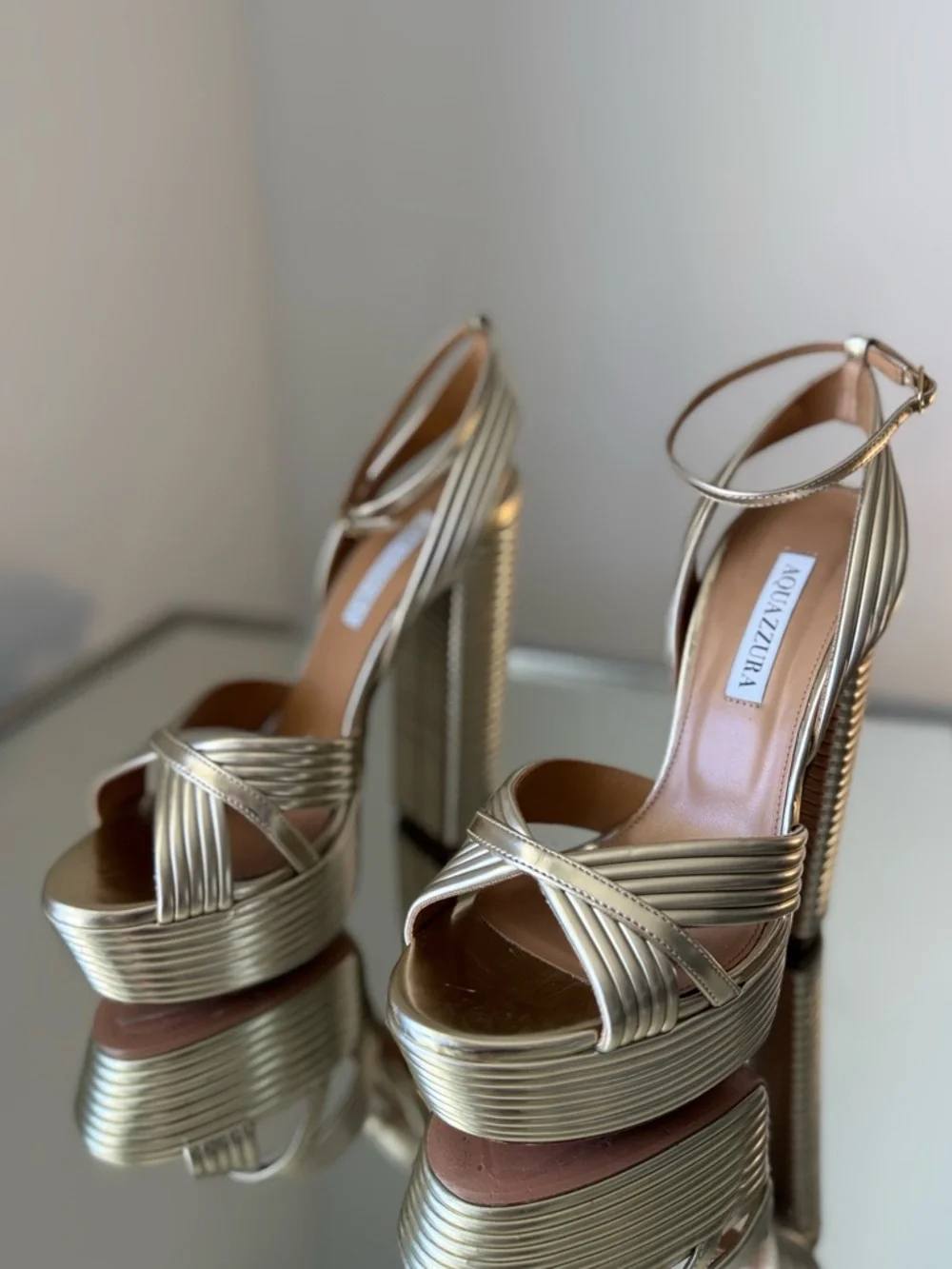 AQUAZZURA Sundance 140 metallic leather platform sandals $1,085 38.5